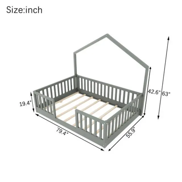 Alt view image 2 of 7 - Hassyee Twin/Full Size Montessori Bed with LED Light and Safety Guardrail, House Floor Bed with Wooden Slats Support for Boys Girls Bedroom Playroom, No Box Spring Needed (Grey Full)