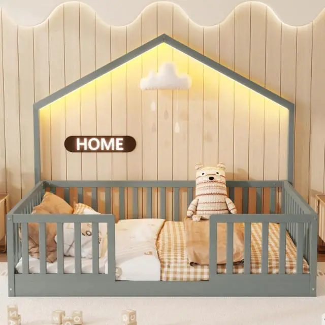 Alt view image 3 of 7 - Hassyee Twin/Full Size Montessori Bed with LED Light and Safety Guardrail, House Floor Bed with Wooden Slats Support for Boys Girls Bedroom Playroom, No Box Spring Needed (Grey Full)