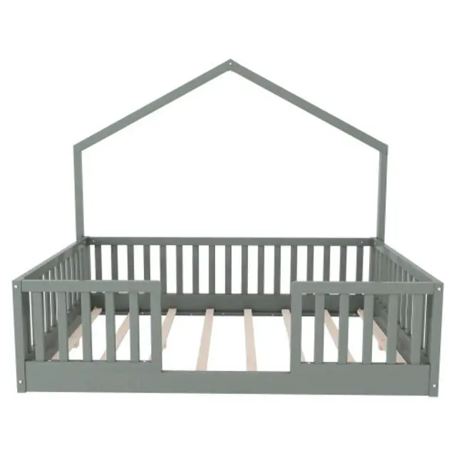 Alt view image 6 of 7 - Hassyee Twin/Full Size Montessori Bed with LED Light and Safety Guardrail, House Floor Bed with Wooden Slats Support for Boys Girls Bedroom Playroom, No Box Spring Needed (Grey Full)