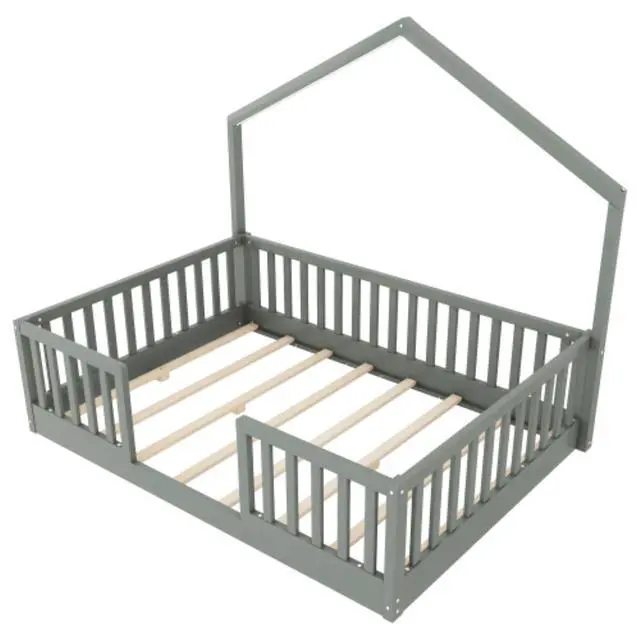 Alt view image 7 of 7 - Hassyee Twin/Full Size Montessori Bed with LED Light and Safety Guardrail, House Floor Bed with Wooden Slats Support for Boys Girls Bedroom Playroom, No Box Spring Needed (Grey Full)