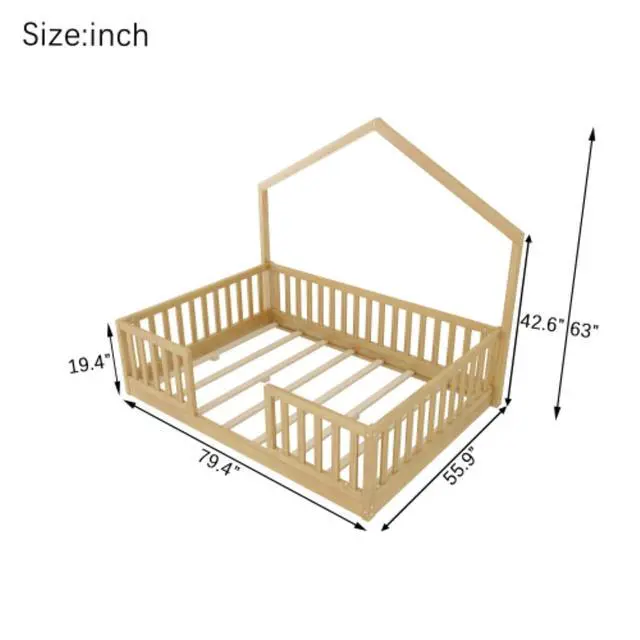 Alt view image 2 of 7 - Hassyee Twin/Full Size Montessori Bed with LED Light and Safety Guardrail, House Floor Bed with Wooden Slats Support for Boys Girls Bedroom Playroom, No Box Spring Needed (Natural Full)