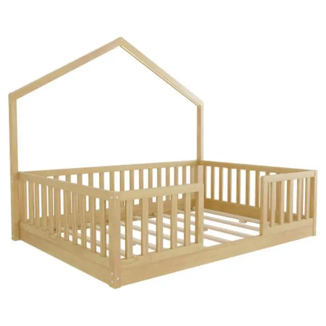 Alt view image 6 of 7 - Hassyee Twin/Full Size Montessori Bed with LED Light and Safety Guardrail, House Floor Bed with Wooden Slats Support for Boys Girls Bedroom Playroom, No Box Spring Needed (Natural Full)