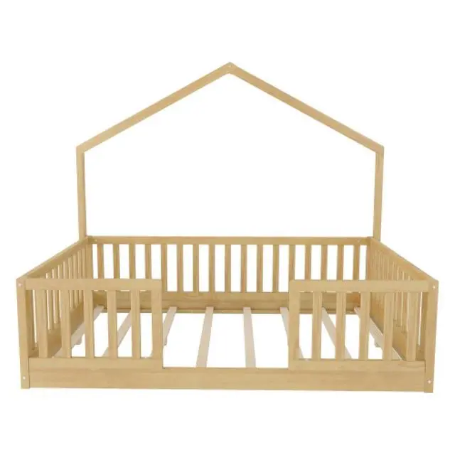 Alt view image 7 of 7 - Hassyee Twin/Full Size Montessori Bed with LED Light and Safety Guardrail, House Floor Bed with Wooden Slats Support for Boys Girls Bedroom Playroom, No Box Spring Needed (Natural Full)