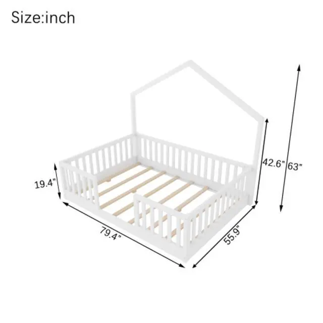 Alt view image 2 of 7 - Hassyee Twin/Full Size Montessori Bed with LED Light and Safety Guardrail, House Floor Bed with Wooden Slats Support for Boys Girls Bedroom Playroom, No Box Spring Needed (White Full)