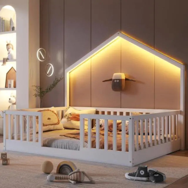 Alt view image 4 of 7 - Hassyee Twin/Full Size Montessori Bed with LED Light and Safety Guardrail, House Floor Bed with Wooden Slats Support for Boys Girls Bedroom Playroom, No Box Spring Needed (White Full)