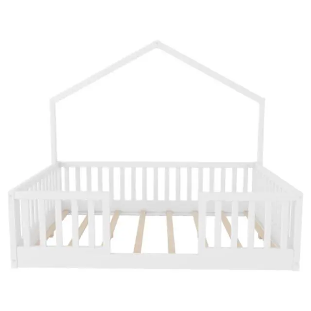 Alt view image 6 of 7 - Hassyee Twin/Full Size Montessori Bed with LED Light and Safety Guardrail, House Floor Bed with Wooden Slats Support for Boys Girls Bedroom Playroom, No Box Spring Needed (White Full)