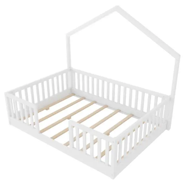 Alt view image 7 of 7 - Hassyee Twin/Full Size Montessori Bed with LED Light and Safety Guardrail, House Floor Bed with Wooden Slats Support for Boys Girls Bedroom Playroom, No Box Spring Needed (White Full)