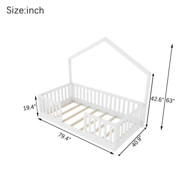 Alt view image 2 of 7 - Hassyee Twin/Full Size Montessori Bed with LED Light and Safety Guardrail, House Floor Bed with Wooden Slats Support for Boys Girls Bedroom Playroom, No Box Spring Needed (White Twin)