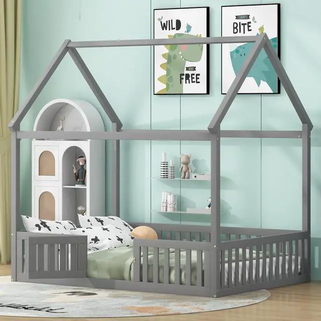 Main image of Hassyee Twin/Full Size Wood House Bed with Fence and Door, Cabin Bed with Roof Design, Montessori Beds for Boys Girls Teens Room Playroom Bedroom Guest Room, No Box Spring Needed (Gray Full)