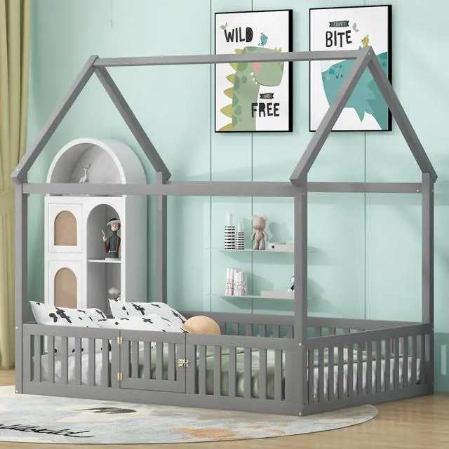 Alt view image 2 of 7 - Hassyee Twin/Full Size Wood House Bed with Fence and Door, Cabin Bed with Roof Design, Montessori Beds for Boys Girls Teens Room Playroom Bedroom Guest Room, No Box Spring Needed (Gray Full)