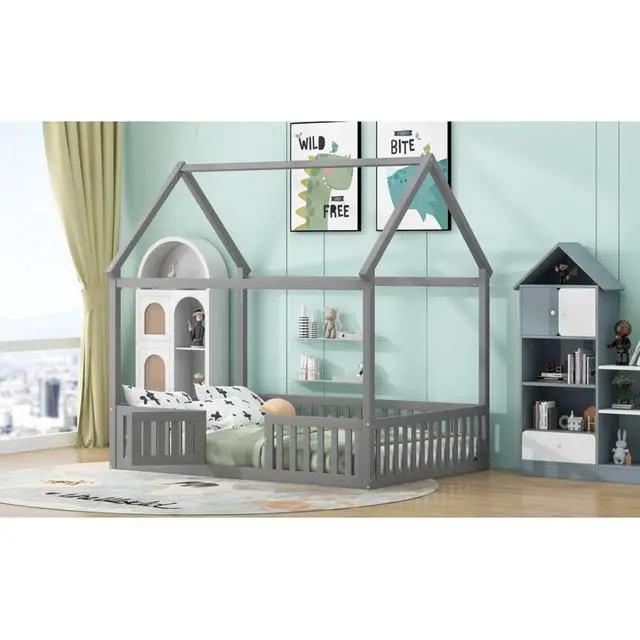 Alt view image 4 of 7 - Hassyee Twin/Full Size Wood House Bed with Fence and Door, Cabin Bed with Roof Design, Montessori Beds for Boys Girls Teens Room Playroom Bedroom Guest Room, No Box Spring Needed (Gray Full)