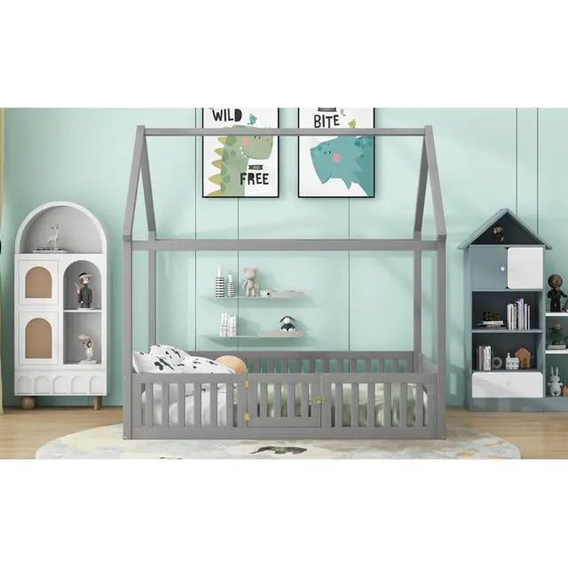 Alt view image 5 of 7 - Hassyee Twin/Full Size Wood House Bed with Fence and Door, Cabin Bed with Roof Design, Montessori Beds for Boys Girls Teens Room Playroom Bedroom Guest Room, No Box Spring Needed (Gray Full)