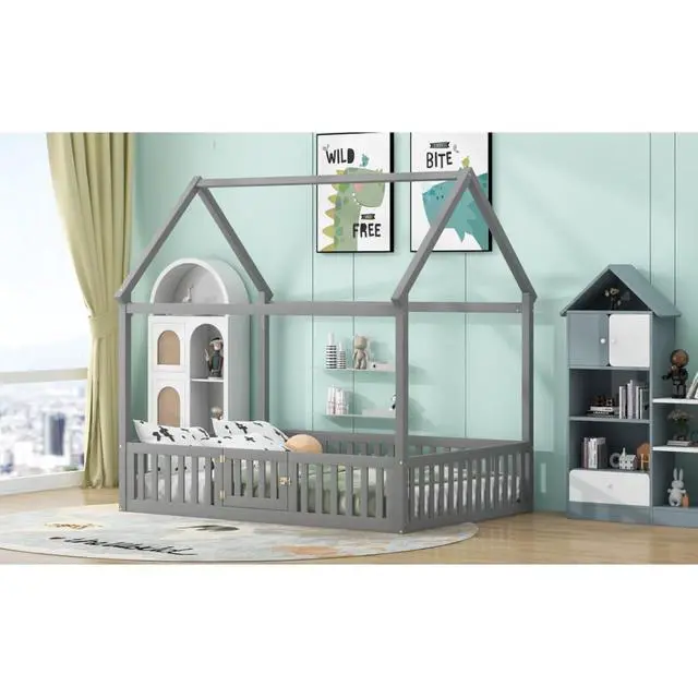 Alt view image 6 of 7 - Hassyee Twin/Full Size Wood House Bed with Fence and Door, Cabin Bed with Roof Design, Montessori Beds for Boys Girls Teens Room Playroom Bedroom Guest Room, No Box Spring Needed (Gray Full)