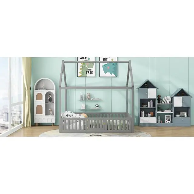 Alt view image 7 of 7 - Hassyee Twin/Full Size Wood House Bed with Fence and Door, Cabin Bed with Roof Design, Montessori Beds for Boys Girls Teens Room Playroom Bedroom Guest Room, No Box Spring Needed (Gray Full)