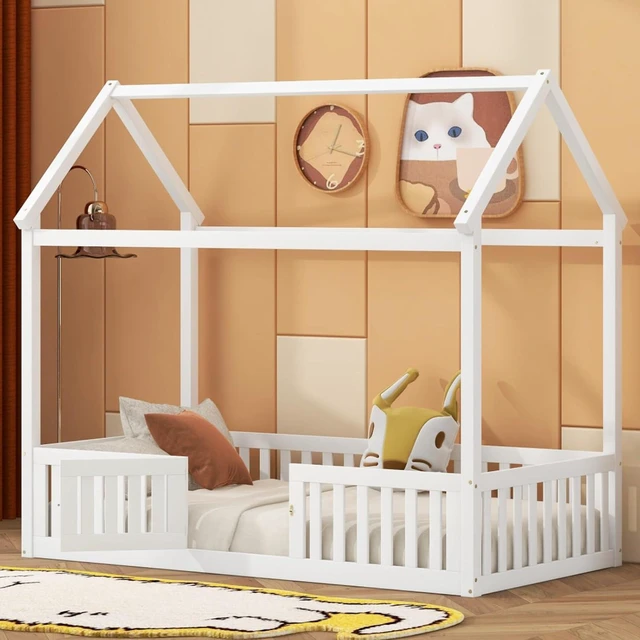 Main image of Solid Wood House Bed Sturdy Tent Beds w/Roof & 4-Sided Fence Railings for Teens, Low Profile Floor Bed Creative Montessori Bed Frame with 1 Entrance Door for Boys Girls, Can Be Decorated (White Twin)