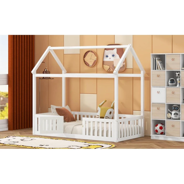 Alt view image 4 of 7 - Solid Wood House Bed Sturdy Tent Beds w/Roof & 4-Sided Fence Railings for Teens, Low Profile Floor Bed Creative Montessori Bed Frame with 1 Entrance Door for Boys Girls, Can Be Decorated (White Twin)