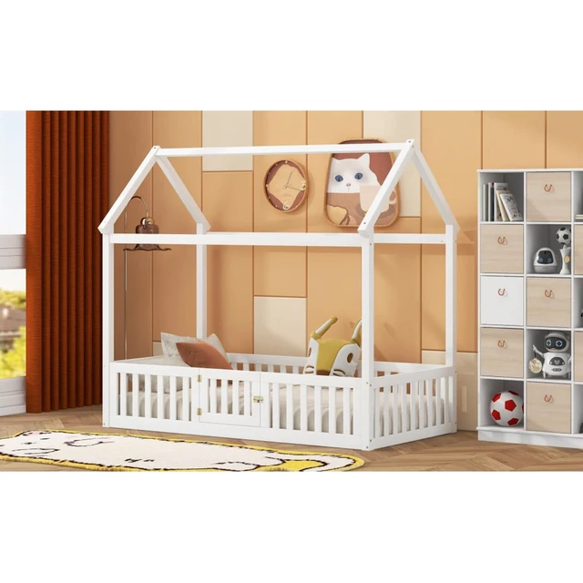 Alt view image 5 of 7 - Solid Wood House Bed Sturdy Tent Beds w/Roof & 4-Sided Fence Railings for Teens, Low Profile Floor Bed Creative Montessori Bed Frame with 1 Entrance Door for Boys Girls, Can Be Decorated (White Twin)