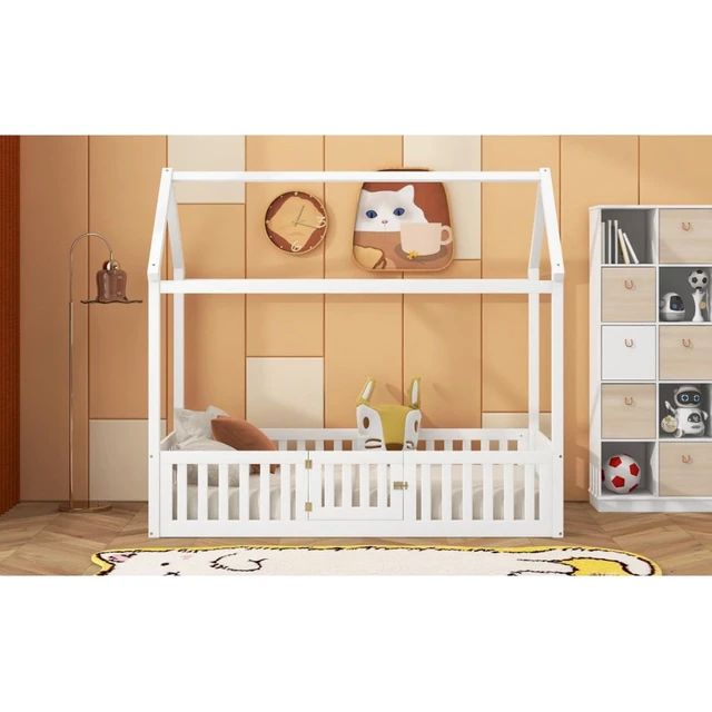 Alt view image 6 of 7 - Solid Wood House Bed Sturdy Tent Beds w/Roof & 4-Sided Fence Railings for Teens, Low Profile Floor Bed Creative Montessori Bed Frame with 1 Entrance Door for Boys Girls, Can Be Decorated (White Twin)
