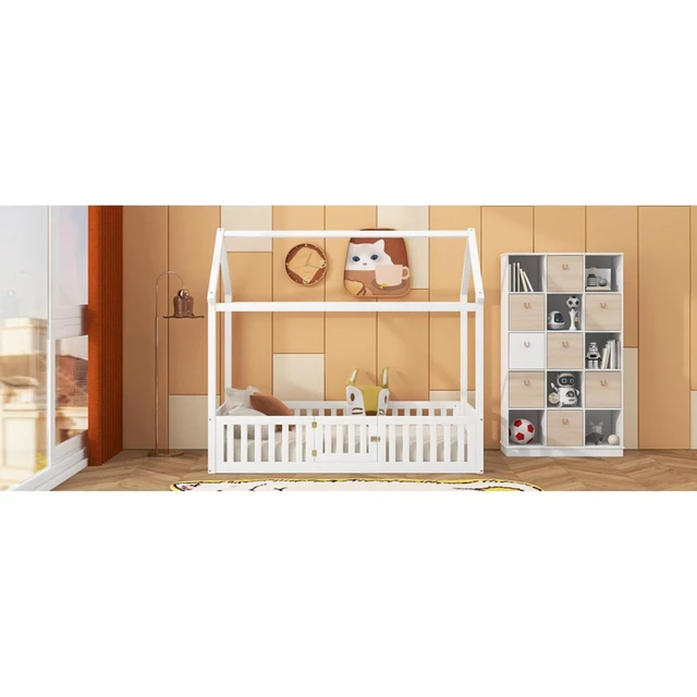 Alt view image 7 of 7 - Solid Wood House Bed Sturdy Tent Beds w/Roof & 4-Sided Fence Railings for Teens, Low Profile Floor Bed Creative Montessori Bed Frame with 1 Entrance Door for Boys Girls, Can Be Decorated (White Twin)