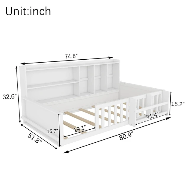 Alt view image 2 of 7 - Hassyee Twin/Full Size Floor Bed with Guardrail Fence & Bookcase, Wooden Montessori Bed with Slat Support and Side Storage Shelves for Boys Girls Bedroom Guest Room Playroom (Twin+White)