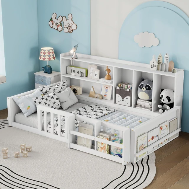 Alt view image 3 of 7 - Hassyee Twin/Full Size Floor Bed with Guardrail Fence & Bookcase, Wooden Montessori Bed with Slat Support and Side Storage Shelves for Boys Girls Bedroom Guest Room Playroom (Twin+White)