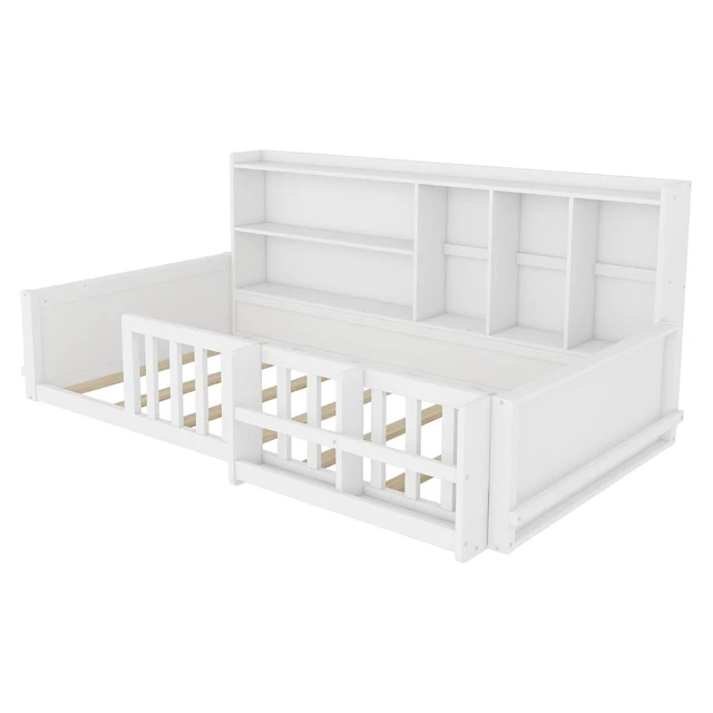 Alt view image 5 of 7 - Hassyee Twin/Full Size Floor Bed with Guardrail Fence & Bookcase, Wooden Montessori Bed with Slat Support and Side Storage Shelves for Boys Girls Bedroom Guest Room Playroom (Twin+White)
