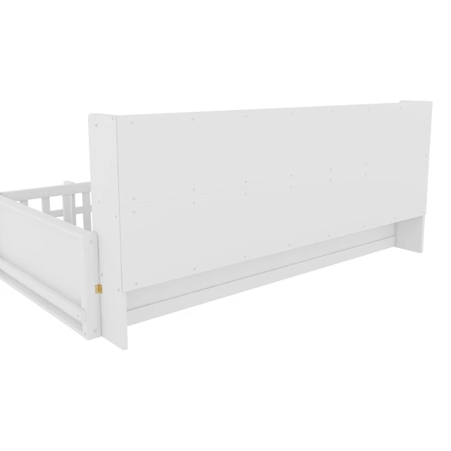 Alt view image 6 of 7 - Hassyee Twin/Full Size Floor Bed with Guardrail Fence & Bookcase, Wooden Montessori Bed with Slat Support and Side Storage Shelves for Boys Girls Bedroom Guest Room Playroom (Twin+White)