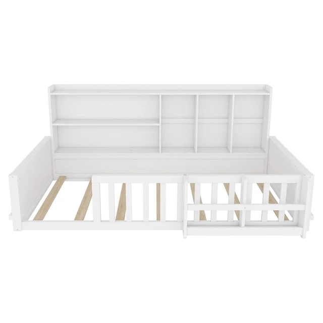 Alt view image 7 of 7 - Hassyee Twin/Full Size Floor Bed with Guardrail Fence & Bookcase, Wooden Montessori Bed with Slat Support and Side Storage Shelves for Boys Girls Bedroom Guest Room Playroom (Twin+White)