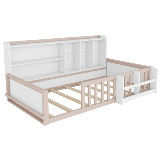 Alt view image 6 of 6 - Hassyee Twin/Full Size Floor Bed with Guardrail Fence & Bookcase, Wooden Montessori Bed with Slat Support and Side Storage Shelves for Boys Girls Bedroom Guest Room Playroom (Twin+Nude & White)