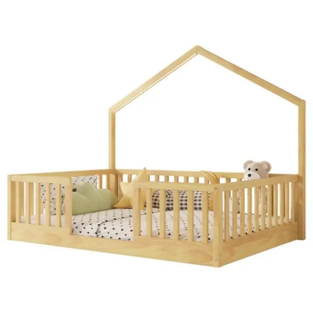 Alt view image 5 of 7 - Hassyee Twin/Full Size Montessori Bed with LED Light and Safety Guardrail, House Floor Bed with Wooden Slats Support for Boys Girls Bedroom Playroom, No Box Spring Needed (Natural Full)