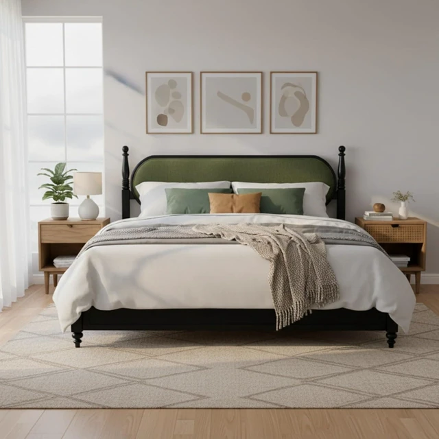 Alt view image 3 of 7 - Hassyee King/Queen Size Solid Wood Platform Bed with Headboard and Footboard, Modern Panel Bed Mattress Foundation with Slat Support for Master Bedroom Guest Room, No Box Spring Needed (Green King)