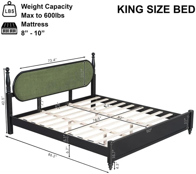 Alt view image 2 of 7 - Hassyee King/Queen Size Solid Wood Platform Bed with Headboard and Footboard, Modern Panel Bed Mattress Foundation with Slat Support for Master Bedroom Guest Room, No Box Spring Needed (Green King)