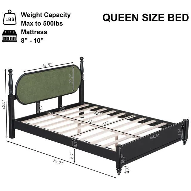 Alt view image 2 of 7 - Hassyee King/Queen Size Solid Wood Platform Bed with Headboard and Footboard, Modern Panel Bed Mattress Foundation with Slat Support for Master Bedroom Guest Room, No Box Spring Needed (Green Queen)