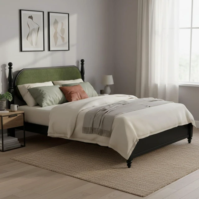 Main image of Hassyee King/Queen Size Solid Wood Platform Bed with Headboard and Footboard, Modern Panel Bed Mattress Foundation with Slat Support for Master Bedroom Guest Room, No Box Spring Needed (Green Queen)