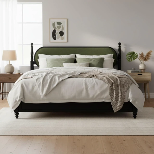 Alt view image 3 of 7 - Hassyee King/Queen Size Solid Wood Platform Bed with Headboard and Footboard, Modern Panel Bed Mattress Foundation with Slat Support for Master Bedroom Guest Room, No Box Spring Needed (Green Queen)