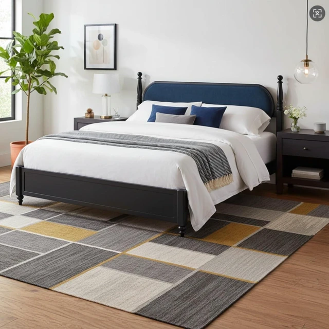 Main image of King/Queen Size Solid Wood Platform Bed with Headboard and Footboard, Modern Panel Bed Mattress Foundation with Slat Support for Master Bedroom Guest Room, No Box Spring Needed (Navy Blue King)