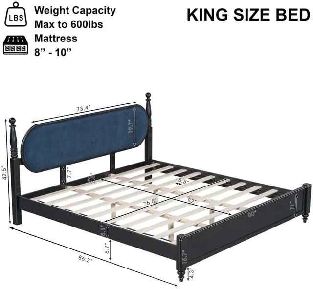 Alt view image 2 of 7 - King/Queen Size Solid Wood Platform Bed with Headboard and Footboard, Modern Panel Bed Mattress Foundation with Slat Support for Master Bedroom Guest Room, No Box Spring Needed (Navy Blue King)