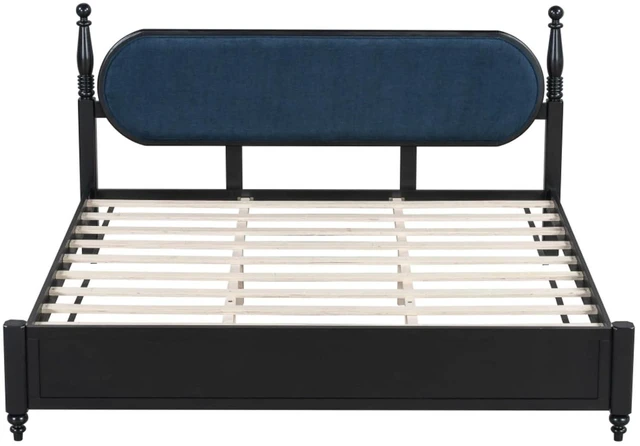 Alt view image 5 of 7 - King/Queen Size Solid Wood Platform Bed with Headboard and Footboard, Modern Panel Bed Mattress Foundation with Slat Support for Master Bedroom Guest Room, No Box Spring Needed (Navy Blue King)
