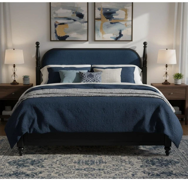Alt view image 3 of 7 - King/Queen Size Solid Wood Platform Bed with Headboard and Footboard, Modern Panel Bed Mattress Foundation with Slat Support for Master Bedroom Guest Room, No Box Spring Needed (Navy Blue King)