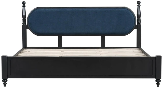 Alt view image 4 of 7 - King/Queen Size Solid Wood Platform Bed with Headboard and Footboard, Modern Panel Bed Mattress Foundation with Slat Support for Master Bedroom Guest Room, No Box Spring Needed (Navy Blue King)