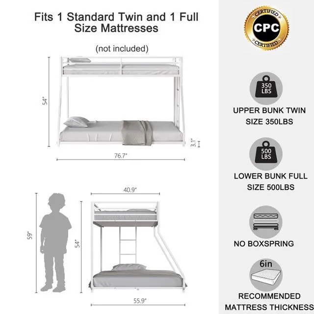 Alt view image 2 of 7 - Hassyee Twin Over Full Metal Bunk Bed with Safety Guardrails and Ladders, Floor Bed with Slat Support for Teens and Adult, Low Profile Dorm Beds for Master Bedroom Guest Room, Quick Assembly