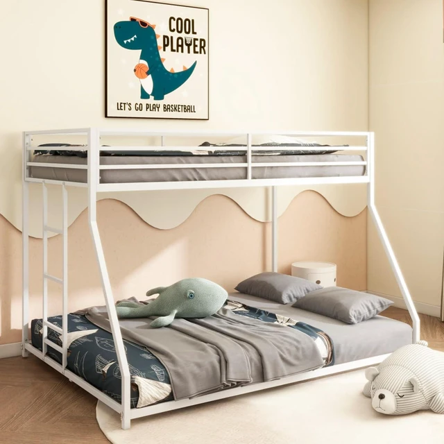 Main image of Hassyee Twin Over Full Metal Bunk Bed with Safety Guardrails and Ladders, Floor Bed with Slat Support for Teens and Adult, Low Profile Dorm Beds for Master Bedroom Guest Room, Quick Assembly