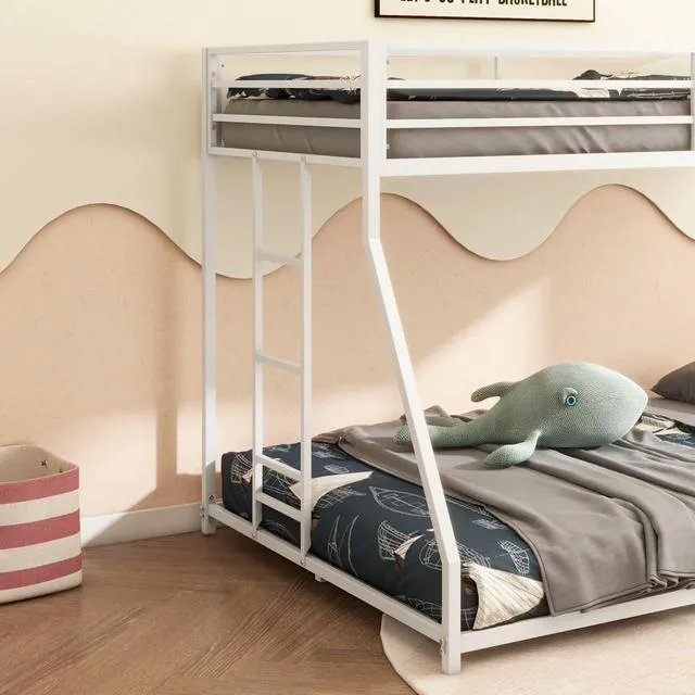 Alt view image 3 of 7 - Hassyee Twin Over Full Metal Bunk Bed with Safety Guardrails and Ladders, Floor Bed with Slat Support for Teens and Adult, Low Profile Dorm Beds for Master Bedroom Guest Room, Quick Assembly