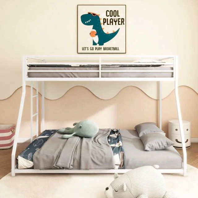 Alt view image 4 of 7 - Hassyee Twin Over Full Metal Bunk Bed with Safety Guardrails and Ladders, Floor Bed with Slat Support for Teens and Adult, Low Profile Dorm Beds for Master Bedroom Guest Room, Quick Assembly