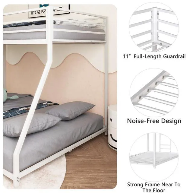 Alt view image 5 of 7 - Hassyee Twin Over Full Metal Bunk Bed with Safety Guardrails and Ladders, Floor Bed with Slat Support for Teens and Adult, Low Profile Dorm Beds for Master Bedroom Guest Room, Quick Assembly