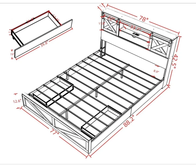 Alt view image 2 of 7 - Hassyee King Size Platform Bed with LED Lights and Charging Station, Panel Bed Frame with 2 Drawers and Barn Door Headboard, Floor Beds with Metal Slat Support for Bedroom Guest Room Apartment