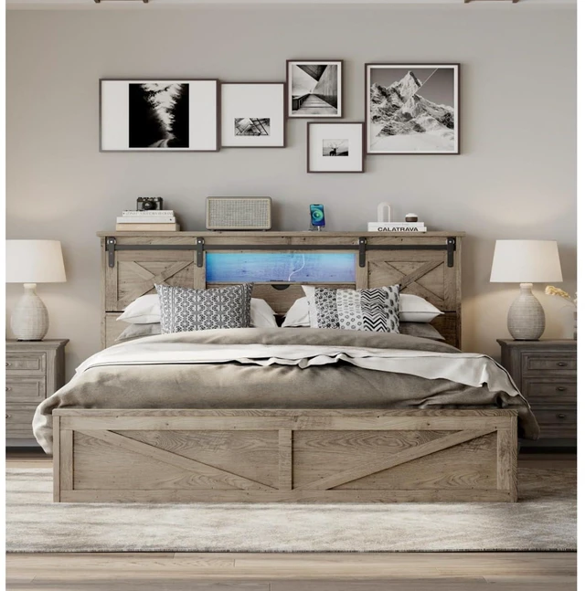 Alt view image 3 of 7 - Hassyee King Size Platform Bed with LED Lights and Charging Station, Panel Bed Frame with 2 Drawers and Barn Door Headboard, Floor Beds with Metal Slat Support for Bedroom Guest Room Apartment