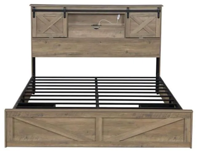Alt view image 5 of 7 - Hassyee King Size Platform Bed with LED Lights and Charging Station, Panel Bed Frame with 2 Drawers and Barn Door Headboard, Floor Beds with Metal Slat Support for Bedroom Guest Room Apartment