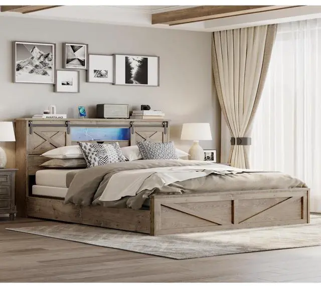 Alt view image 4 of 7 - Hassyee King Size Platform Bed with LED Lights and Charging Station, Panel Bed Frame with 2 Drawers and Barn Door Headboard, Floor Beds with Metal Slat Support for Bedroom Guest Room Apartment