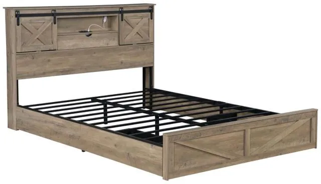 Alt view image 6 of 7 - Hassyee King Size Platform Bed with LED Lights and Charging Station, Panel Bed Frame with 2 Drawers and Barn Door Headboard, Floor Beds with Metal Slat Support for Bedroom Guest Room Apartment